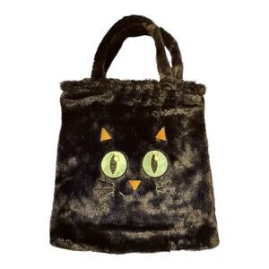 Nwot Kitty Cat Face Tote Bag Black Fuzzy Faux Fur Large Size Embroidered